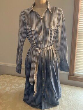 Lands End Ombre Blue White Striped Cotton Shirt Dress Small NWT S